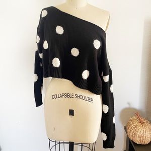 Nasty Gal Black and White Polka Dot Cropped Long Sleeve Sweater Size Small